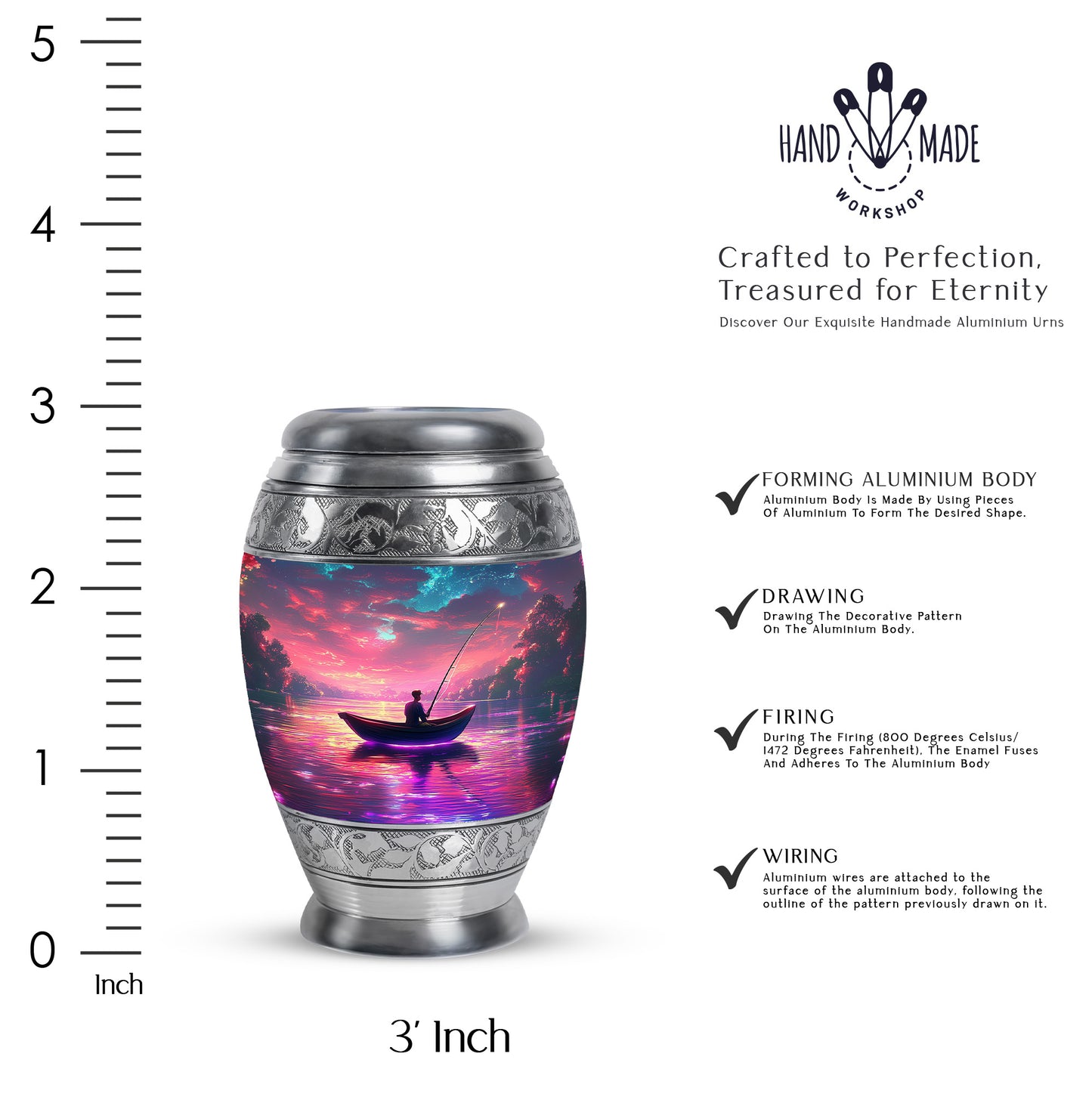 Rose Pink Fishing Cremation Urn lifestyle display on memorial shelf - ornate monarch-style fishing relief on brushed aluminum - mini keepsake memorial for portion of cremation ashes