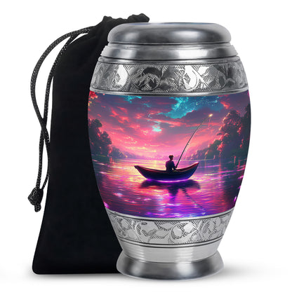 Rose Pink Fishing Cremation Urn back view with polished surface - regal fishing design with crown-inspired accents - full-size 10 inch 200 cubic inch adult cremation urn