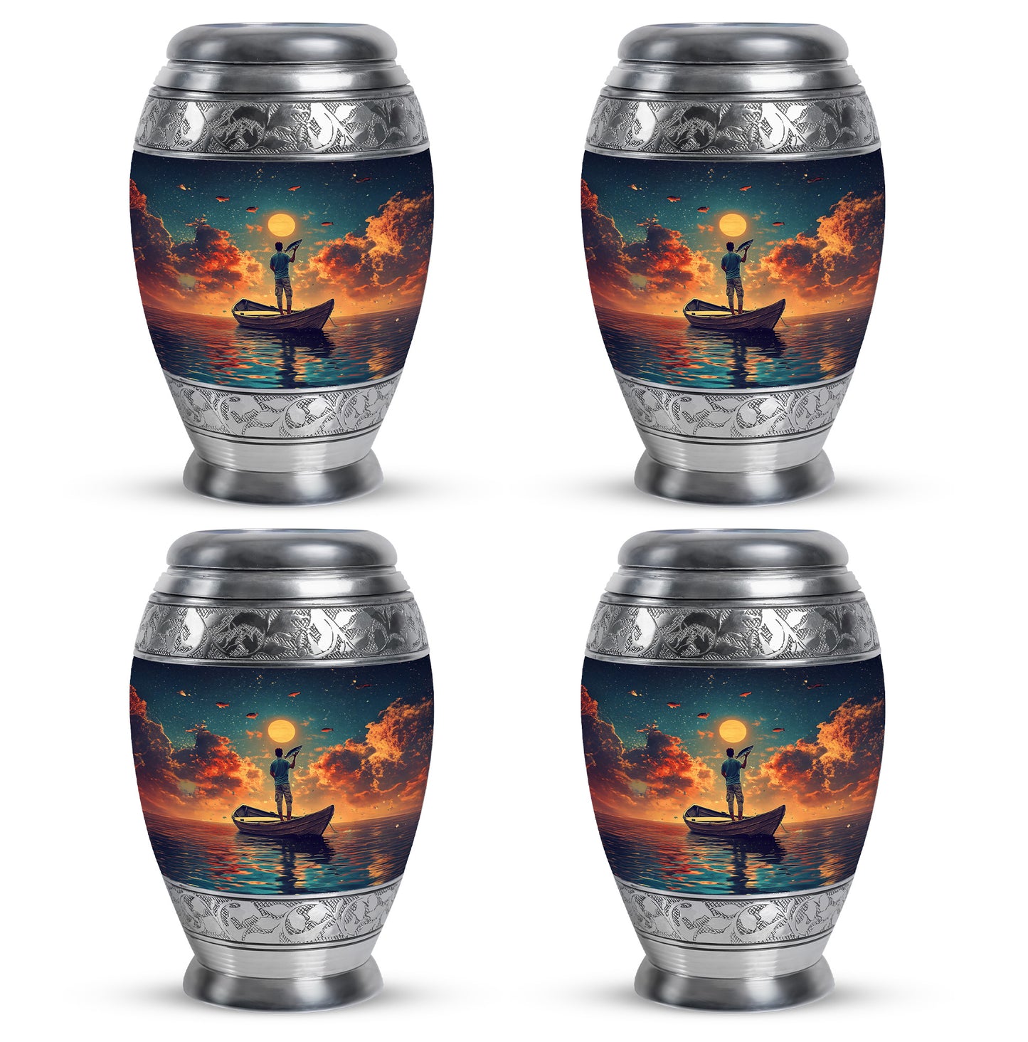 Soft Teal Fishing Cremation Urn urn with complimentary velvet bag - ornate monarch-style fishing relief on brushed aluminum - 10 inch aluminum urn for cremated remains