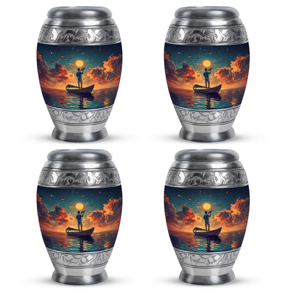 Soft Teal Fishing Cremation Urn urn with complimentary velvet bag - ornate monarch-style fishing relief on brushed aluminum - 10 inch aluminum urn for cremated remains