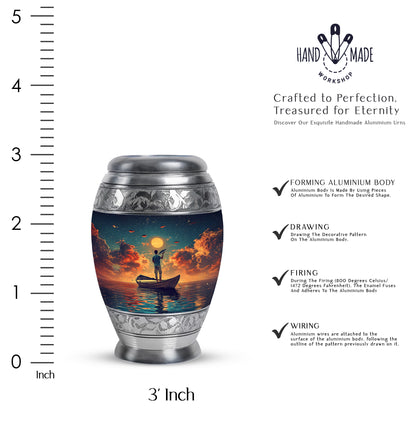 Cool Teal Fishing Cremation Urn lifestyle display on memorial shelf - ornate monarch-style fishing relief on brushed aluminum - mini keepsake memorial for portion of cremation ashes