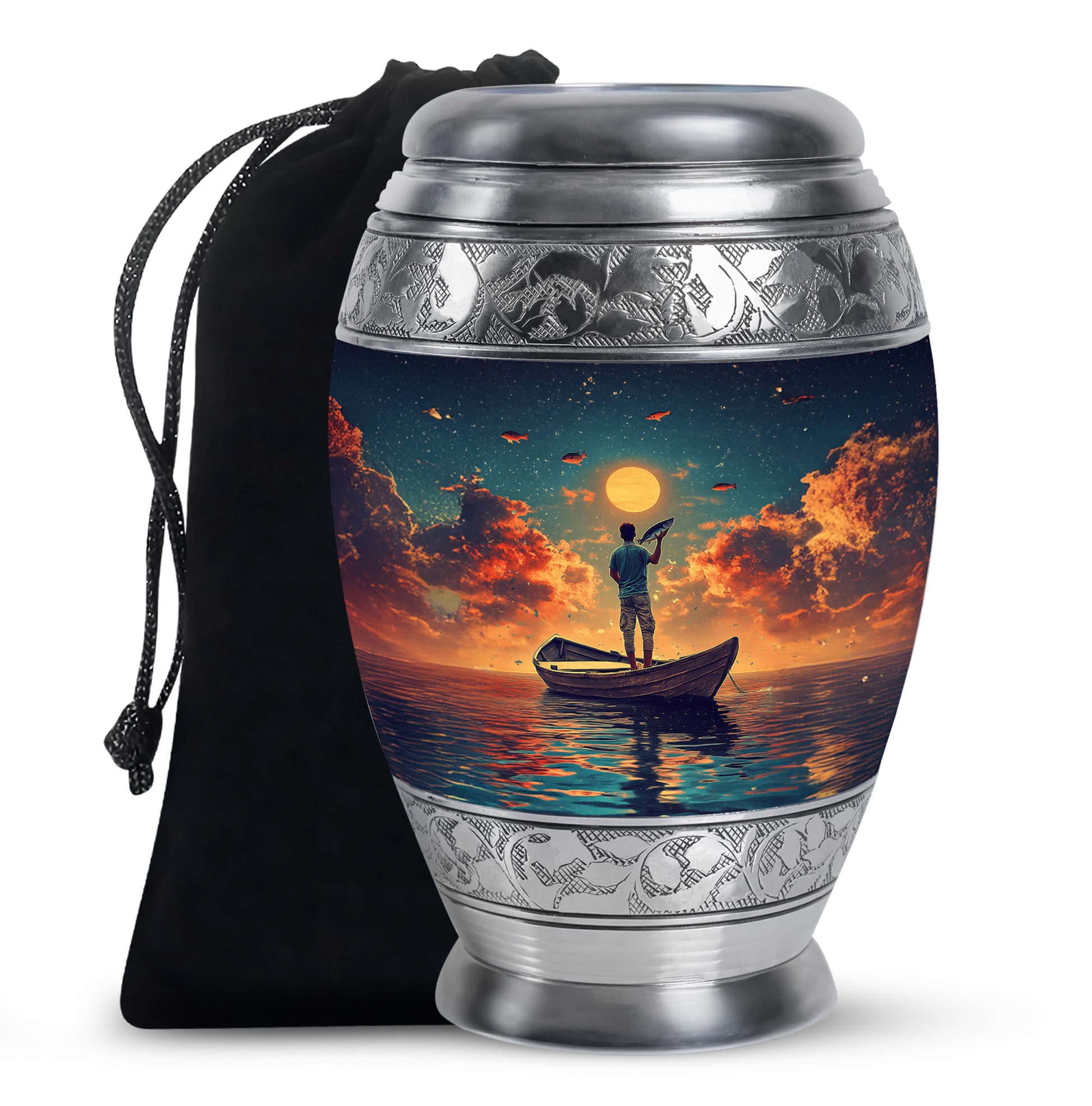 Vivid Teal Fishing Cremation Urn back view with polished surface - majestic fishing pattern with filigree border - full-size 10 inch 200 cubic inch adult cremation urn
