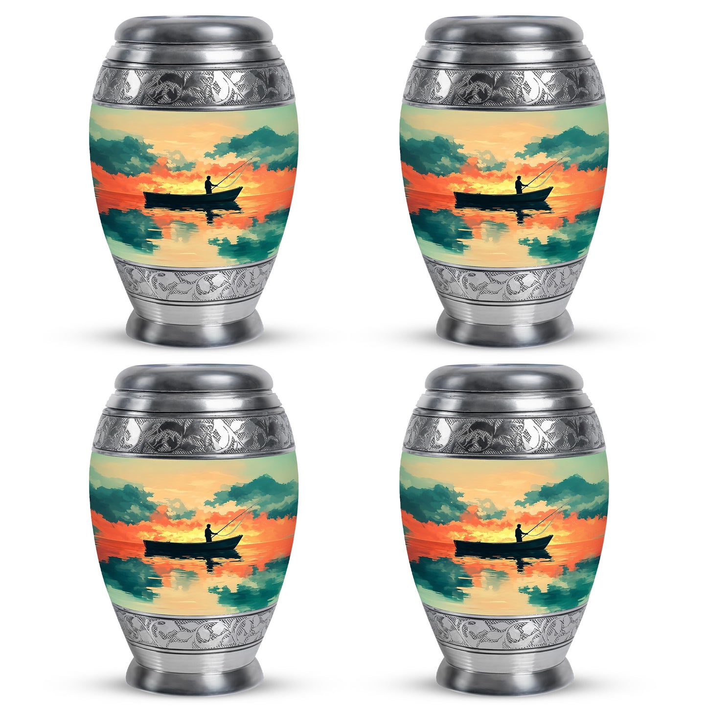 Amber Gold Fishing Cremation Urn urn with complimentary velvet bag - regal fishing design with crown-inspired accents - 10 inch aluminum urn for cremated remains