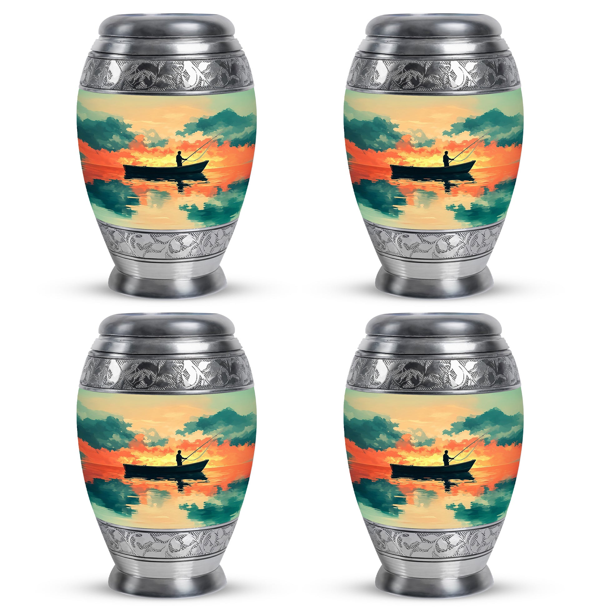 Amber Gold Fishing Cremation Urn urn with complimentary velvet bag - regal fishing design with crown-inspired accents - 10 inch aluminum urn for cremated remains