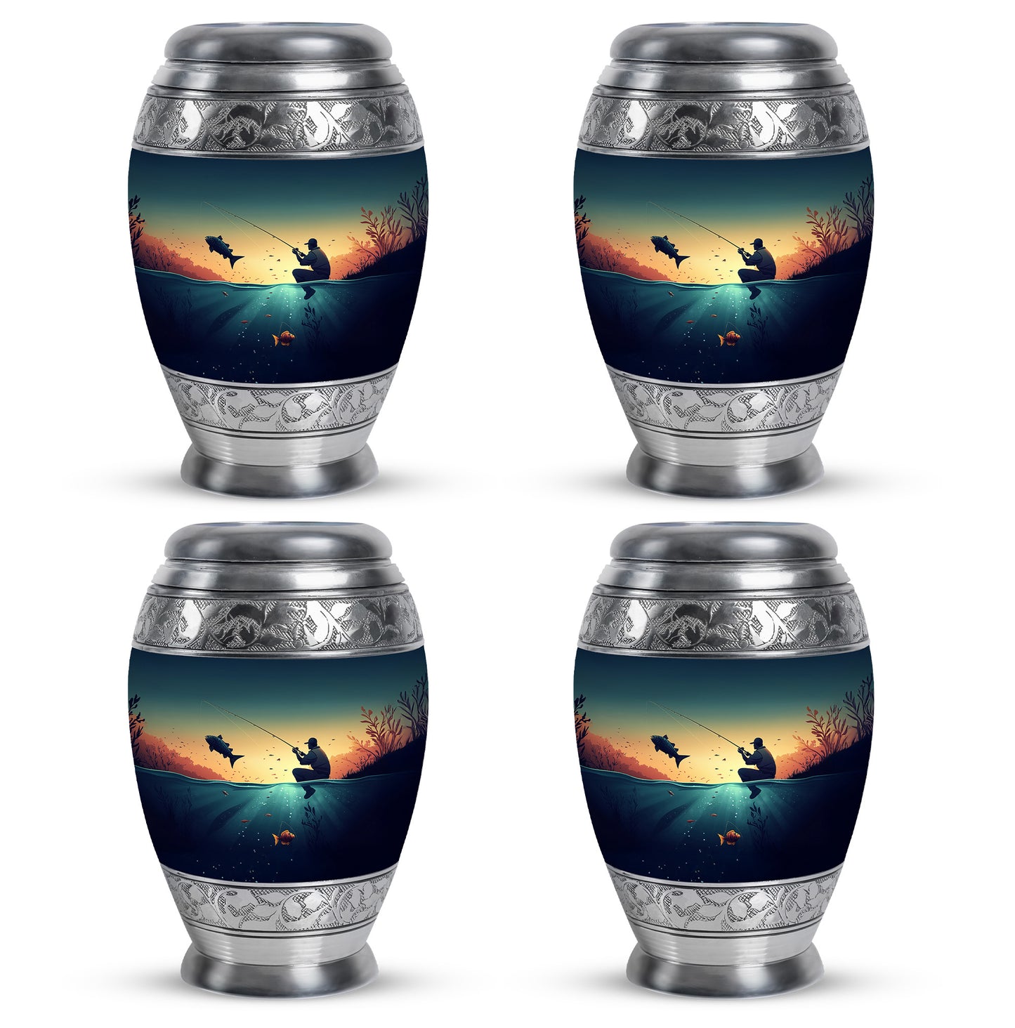 Sea Green Teal Fishing Cremation Urn urn with complimentary velvet bag - ornate monarch-style fishing relief on brushed aluminum - 10 inch aluminum urn for cremated remains