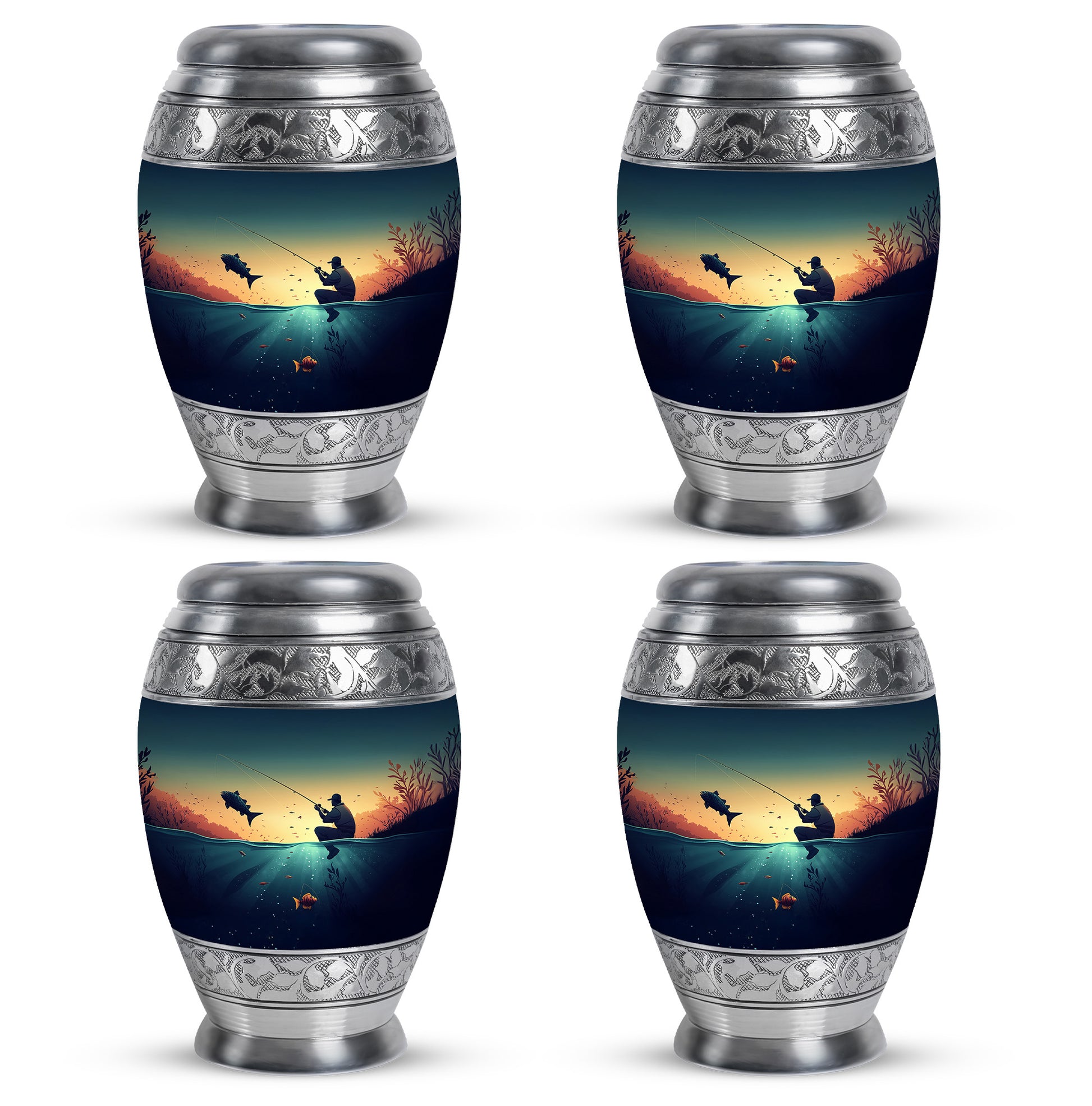 Sea Green Teal Fishing Cremation Urn urn with complimentary velvet bag - ornate monarch-style fishing relief on brushed aluminum - 10 inch aluminum urn for cremated remains