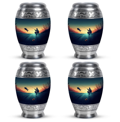 Sea Green Teal Fishing Cremation Urn urn with complimentary velvet bag - ornate monarch-style fishing relief on brushed aluminum - 10 inch aluminum urn for cremated remains