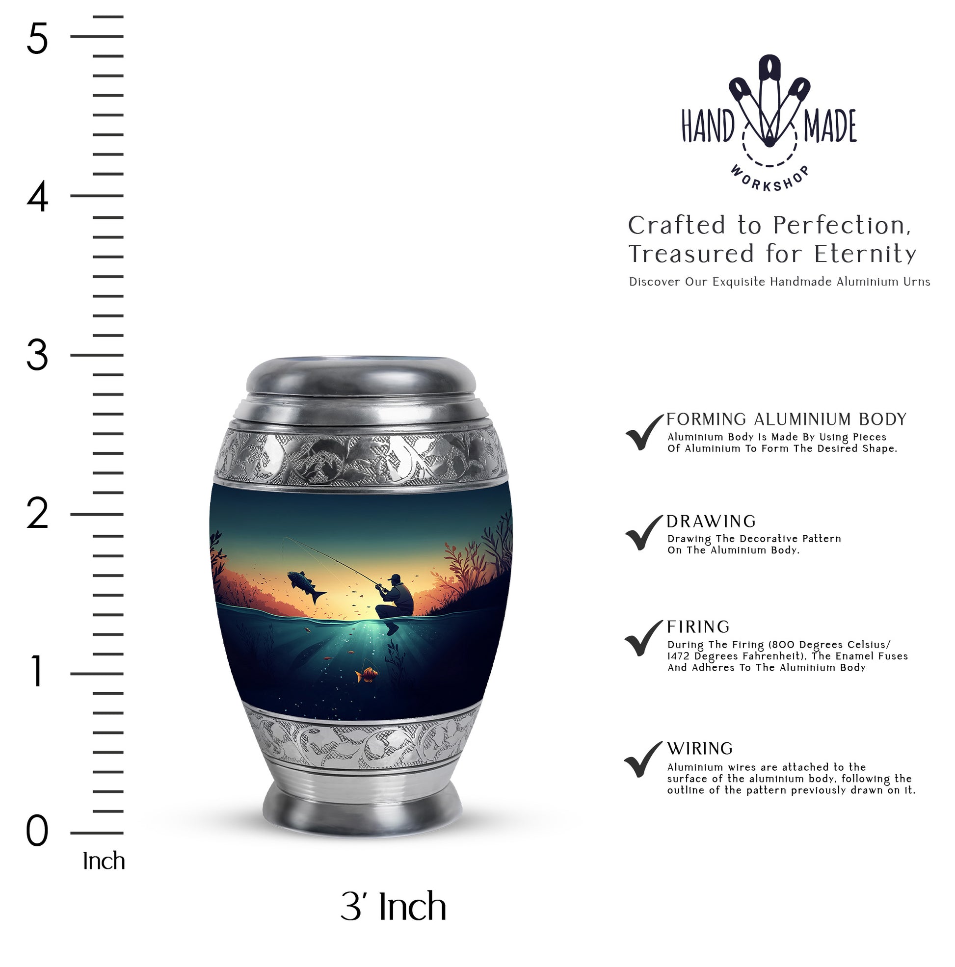 Tropical Teal Fishing Cremation Urn lifestyle display on memorial shelf - majestic fishing pattern with filigree border - mini keepsake memorial for portion of cremation ashes