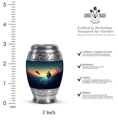 Tropical Teal Fishing Cremation Urn lifestyle display on memorial shelf - majestic fishing pattern with filigree border - mini keepsake memorial for portion of cremation ashes