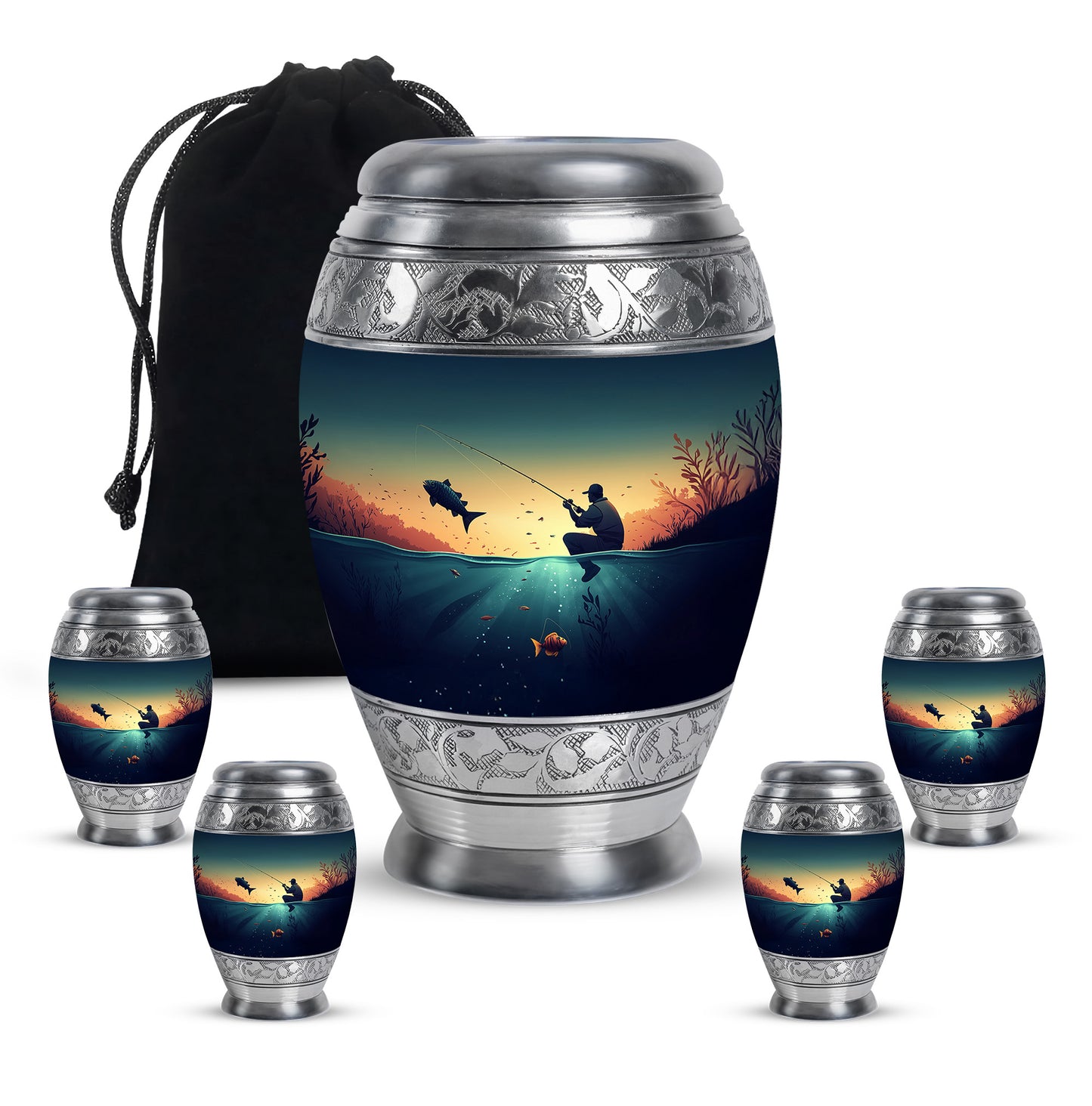Cool Teal Fishing Cremation Urn detail view - ornate monarch-style fishing relief on brushed aluminum - memorial set with one large and four small urns