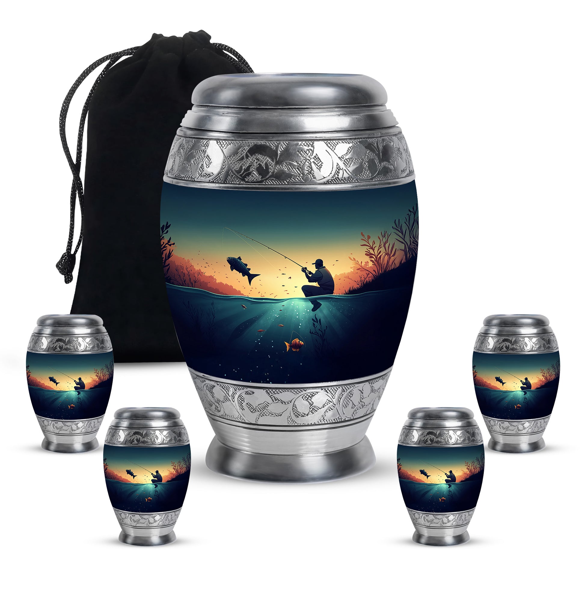 Cool Teal Fishing Cremation Urn detail view - ornate monarch-style fishing relief on brushed aluminum - memorial set with one large and four small urns