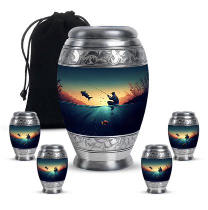 Cool Teal Fishing Cremation Urn detail view - ornate monarch-style fishing relief on brushed aluminum - memorial set with one large and four small urns