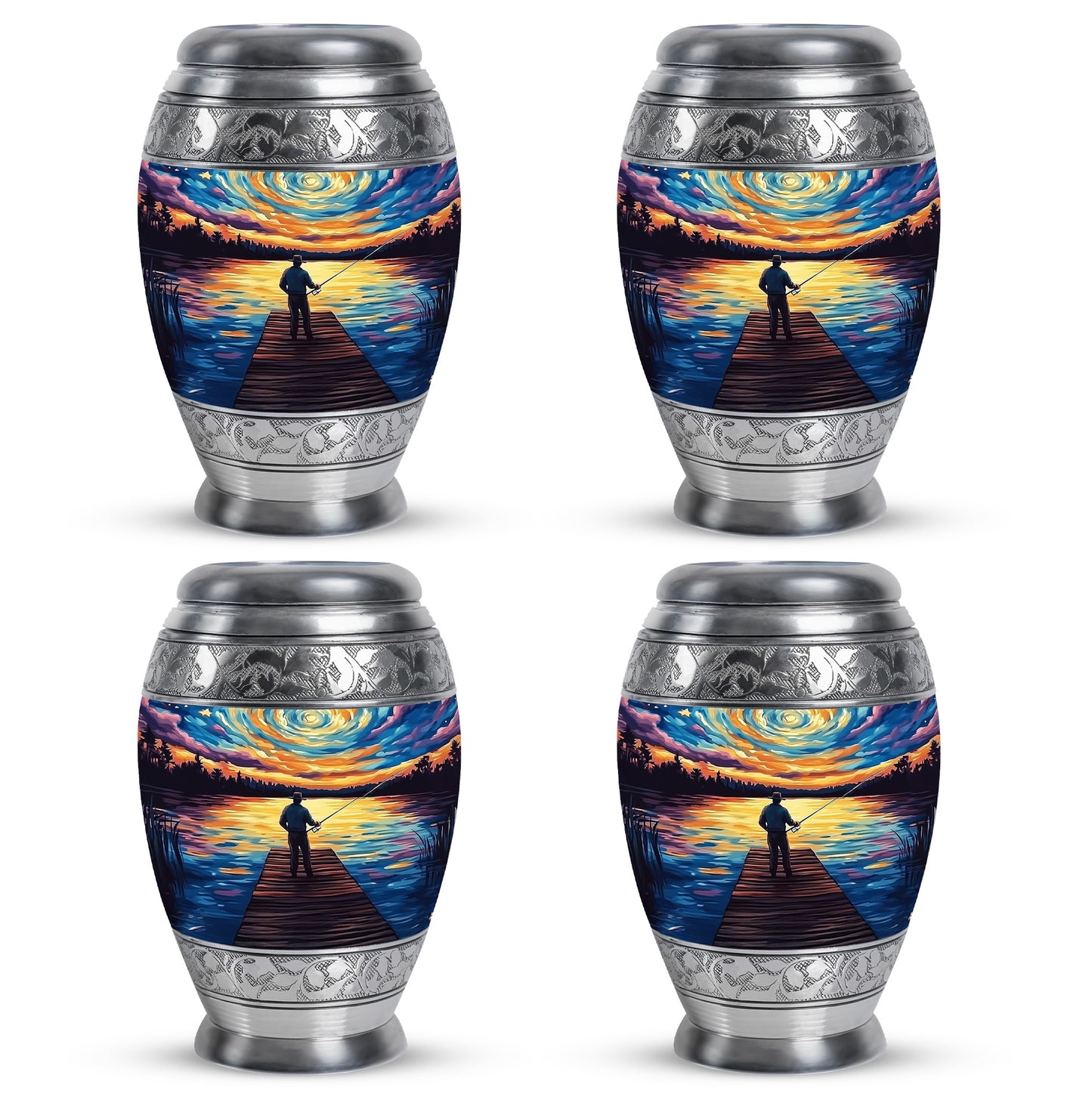 Sky Blue Fishing Cremation Urn urn with complimentary velvet bag - regal fishing design with crown-inspired accents - 10 inch aluminum urn for cremated remains