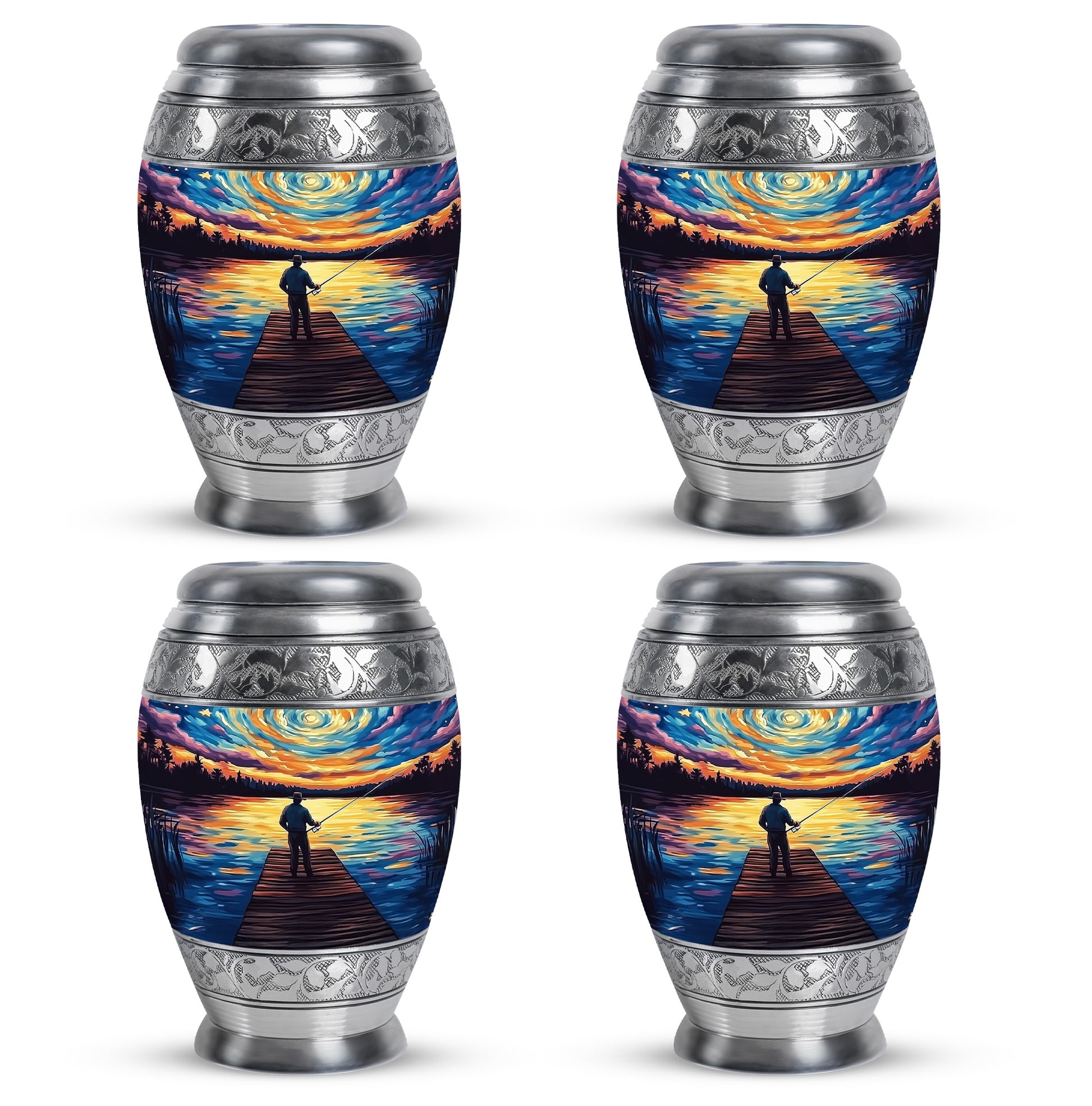 Sky Blue Fishing Cremation Urn urn with complimentary velvet bag - regal fishing design with crown-inspired accents - 10 inch aluminum urn for cremated remains