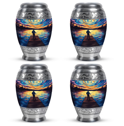 Sky Blue Fishing Cremation Urn urn with complimentary velvet bag - regal fishing design with crown-inspired accents - 10 inch aluminum urn for cremated remains