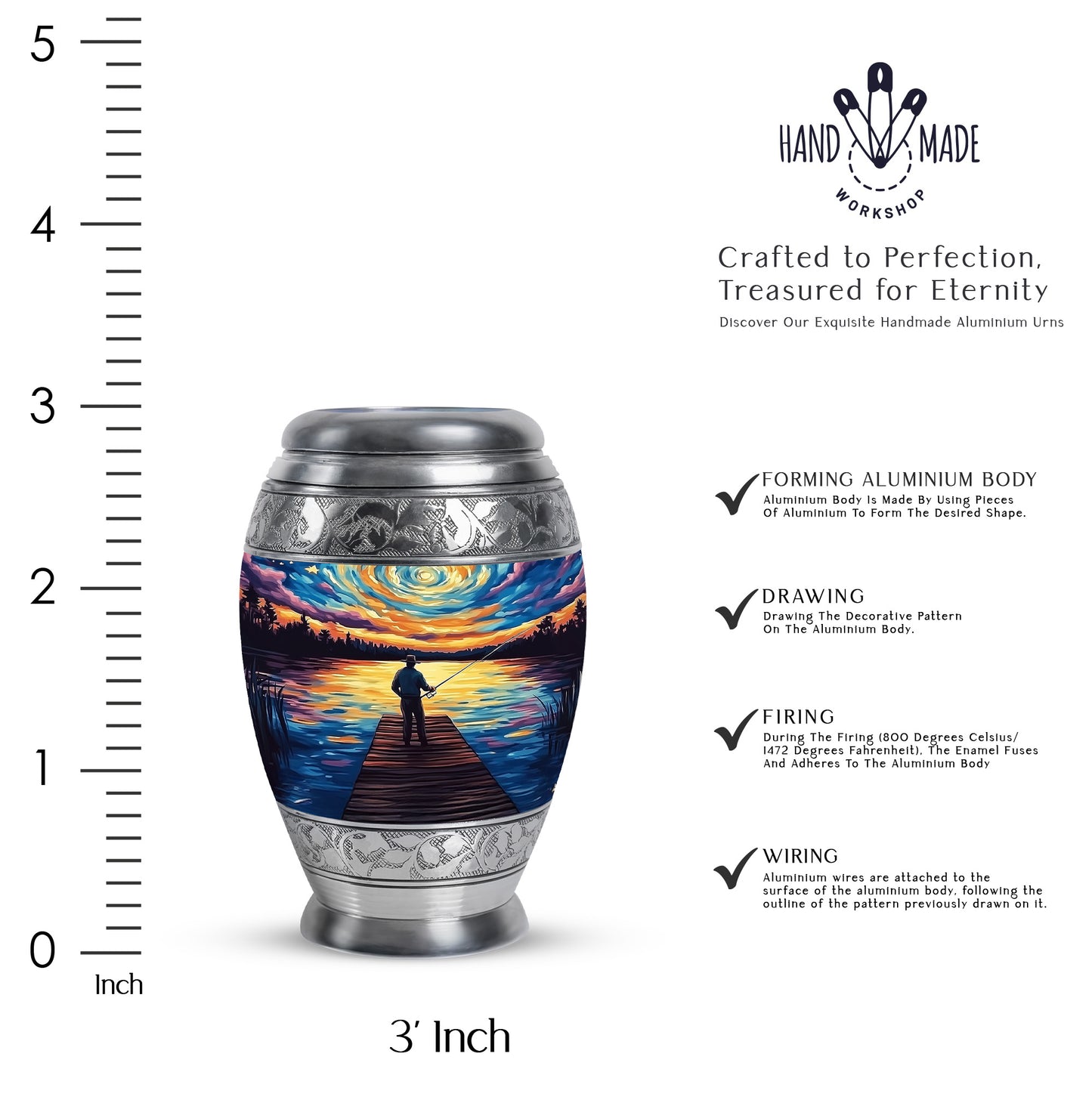 Steel Blue Fishing Cremation Urn lifestyle display on memorial shelf - royal fishing engraving with decorative scrollwork - mini keepsake memorial for portion of cremation ashes