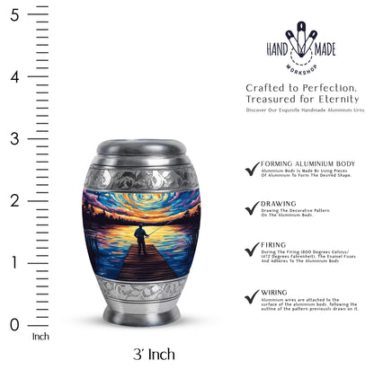 Steel Blue Fishing Cremation Urn lifestyle display on memorial shelf - royal fishing engraving with decorative scrollwork - mini keepsake memorial for portion of cremation ashes