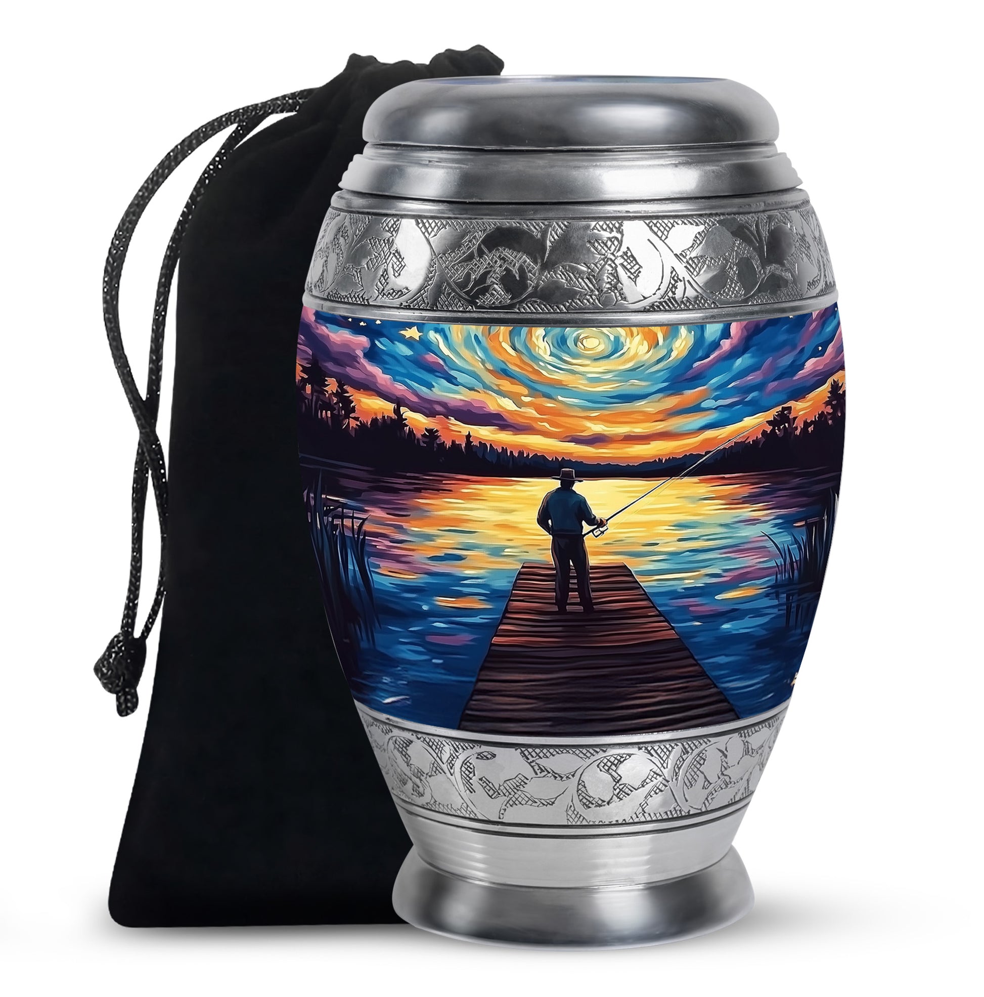 Vivid Blue Fishing Cremation Urn back view with polished surface - majestic fishing pattern with filigree border - full-size 10 inch 200 cubic inch adult cremation urn