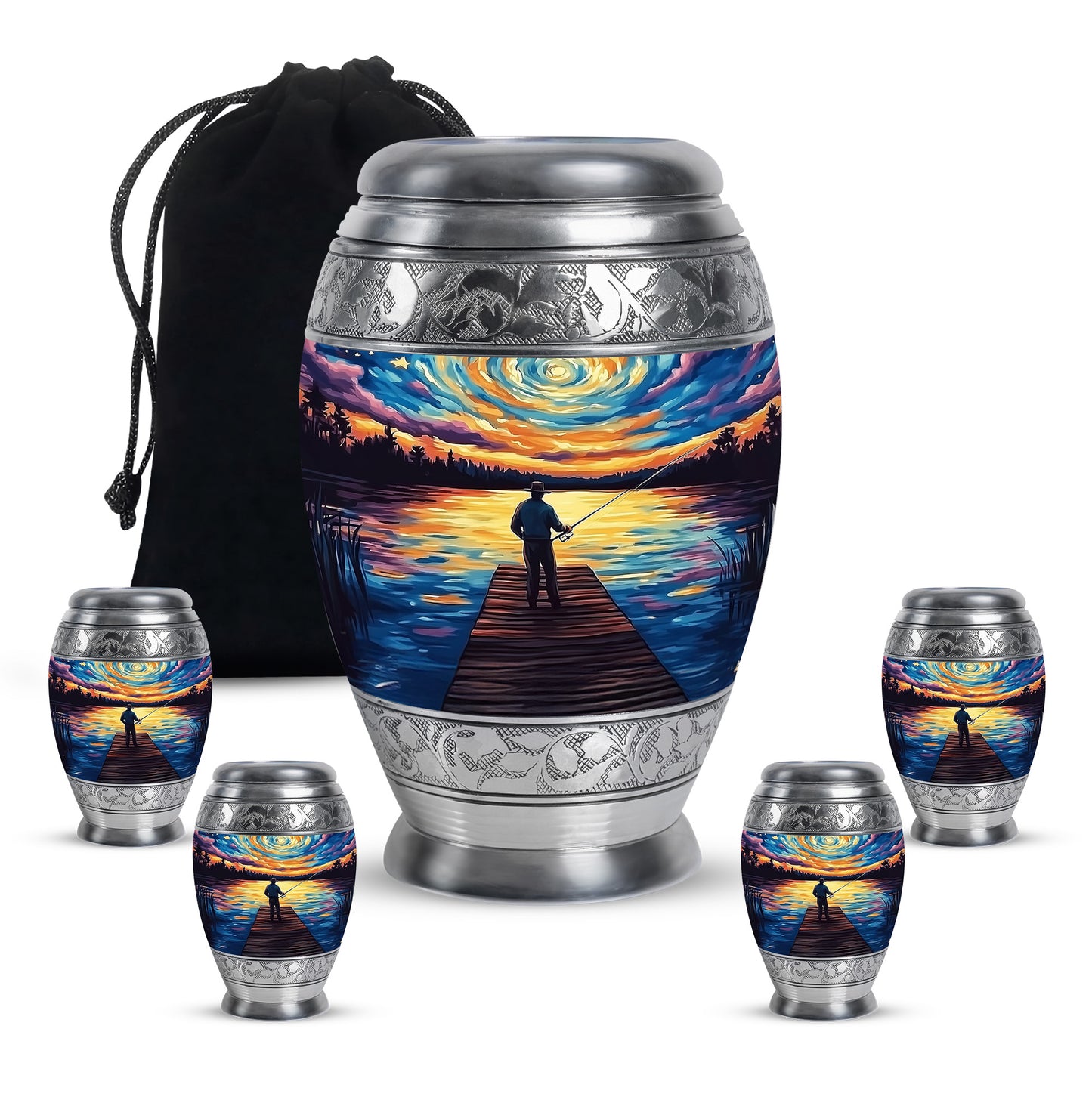 Sapphire Blue Fishing Cremation Urn detail view - royal fishing engraving with decorative scrollwork - memorial set with one large and four small urns