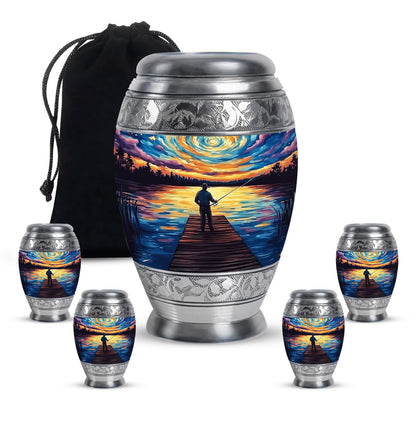 Sapphire Blue Fishing Cremation Urn detail view - royal fishing engraving with decorative scrollwork - memorial set with one large and four small urns