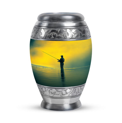 Resplendent Gold Fishing Cremation Urn for Ashes - 10-inch, 200 cu in - Yatskia