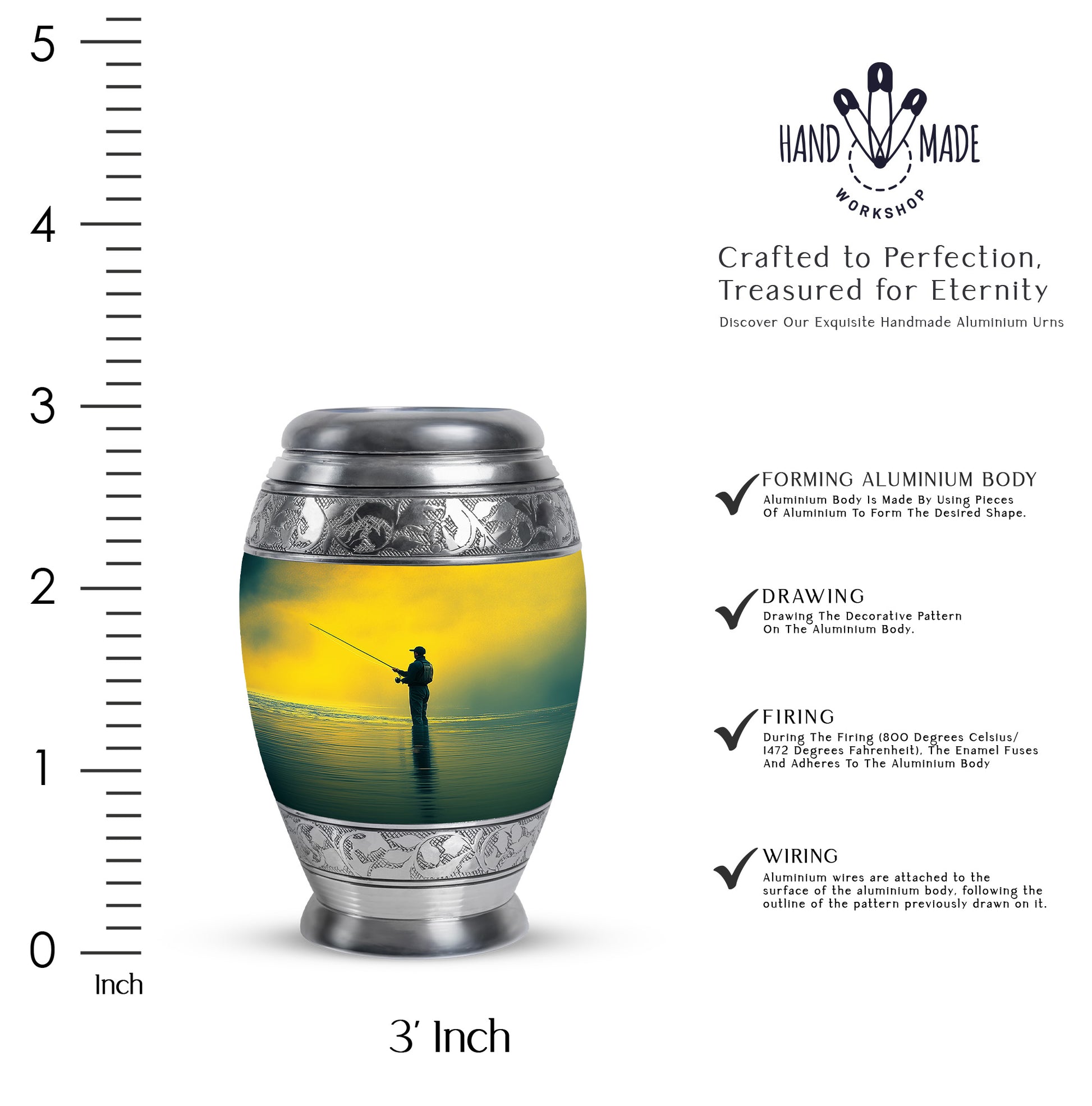 Harvest Gold Fishing Cremation Urn lifestyle display on memorial shelf - royal fishing engraving with decorative scrollwork - mini keepsake memorial for portion of cremation ashes