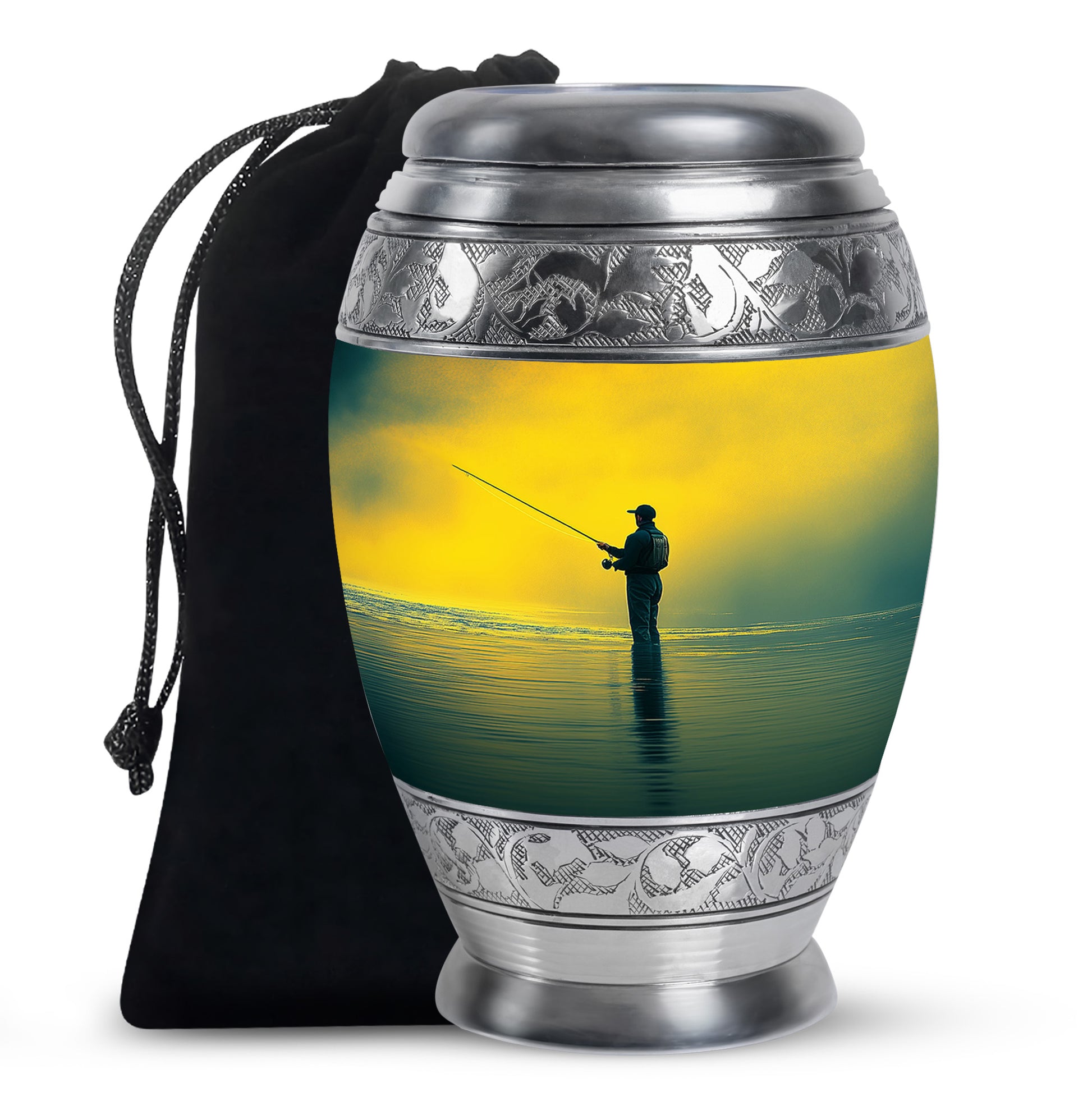 Antique Gold Fishing Cremation Urn back view with polished surface - ornate monarch-style fishing relief on brushed aluminum - full-size 10 inch 200 cubic inch adult cremation urn