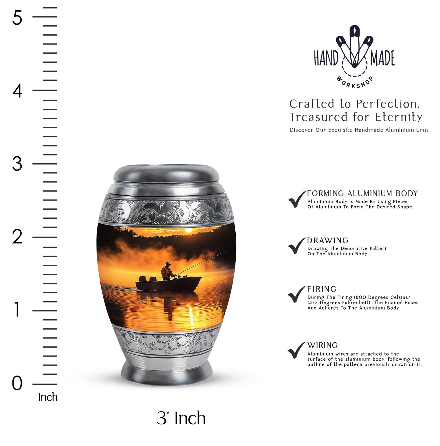 Ruby Red Fishing Cremation Urn lifestyle display on memorial shelf - royal fishing engraving with decorative scrollwork - mini keepsake memorial for portion of cremation ashes