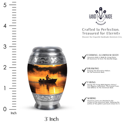 Ruby Red Fishing Cremation Urn lifestyle display on memorial shelf - royal fishing engraving with decorative scrollwork - mini keepsake memorial for portion of cremation ashes