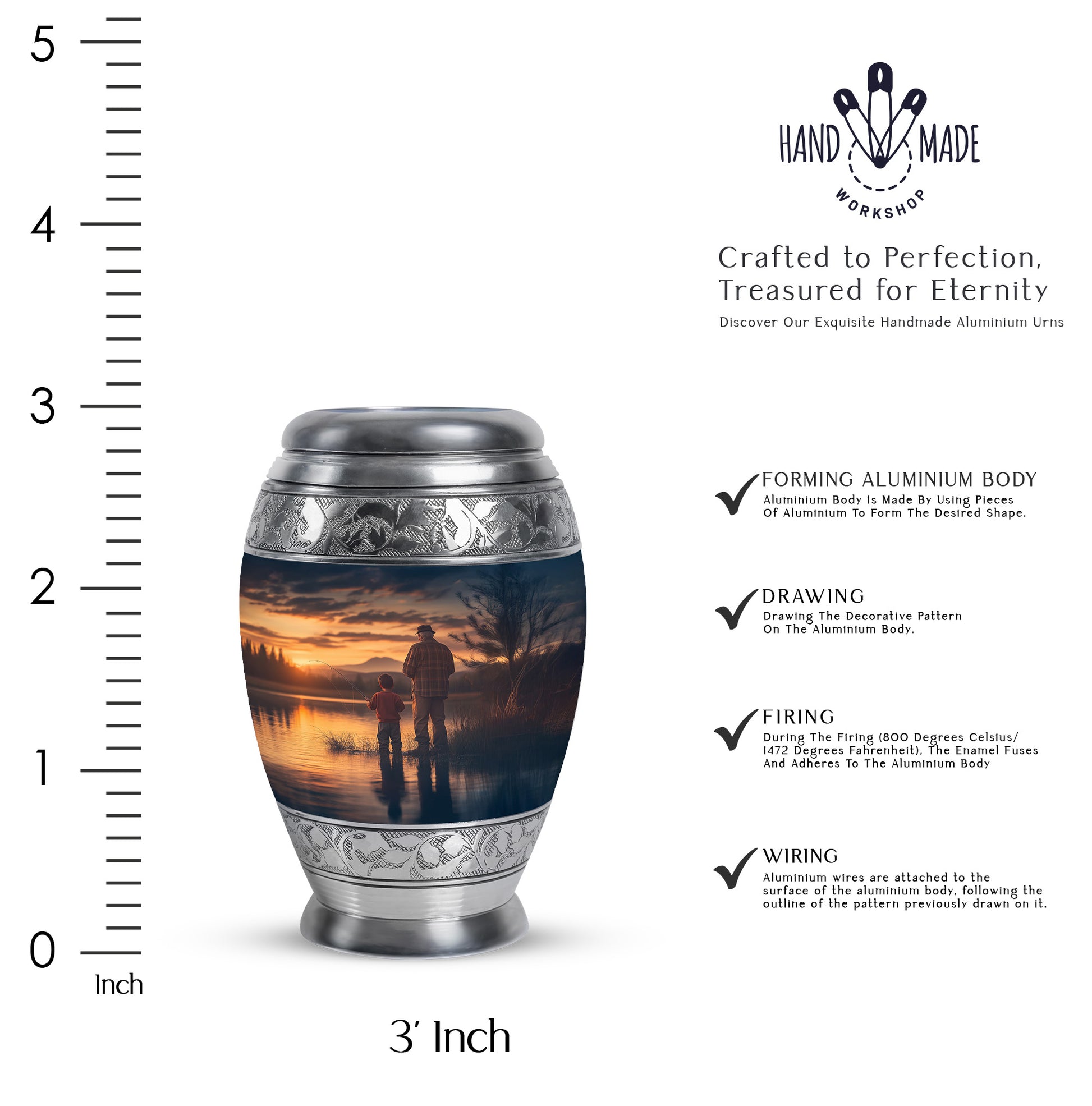 Indigo Fishing Cremation Urn lifestyle display on memorial shelf - regal fishing design with crown-inspired accents - mini keepsake memorial for portion of cremation ashes