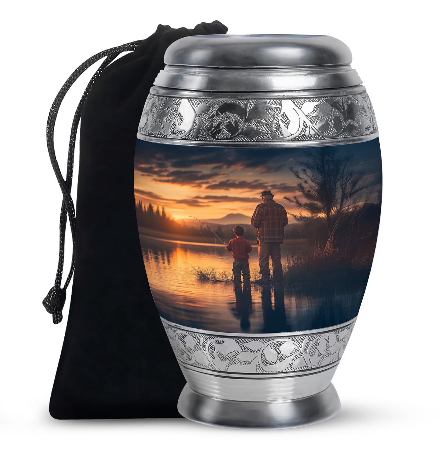 Twilight Blue Fishing Cremation Urn back view with polished surface - royal fishing engraving with decorative scrollwork - full-size 10 inch 200 cubic inch adult cremation urn