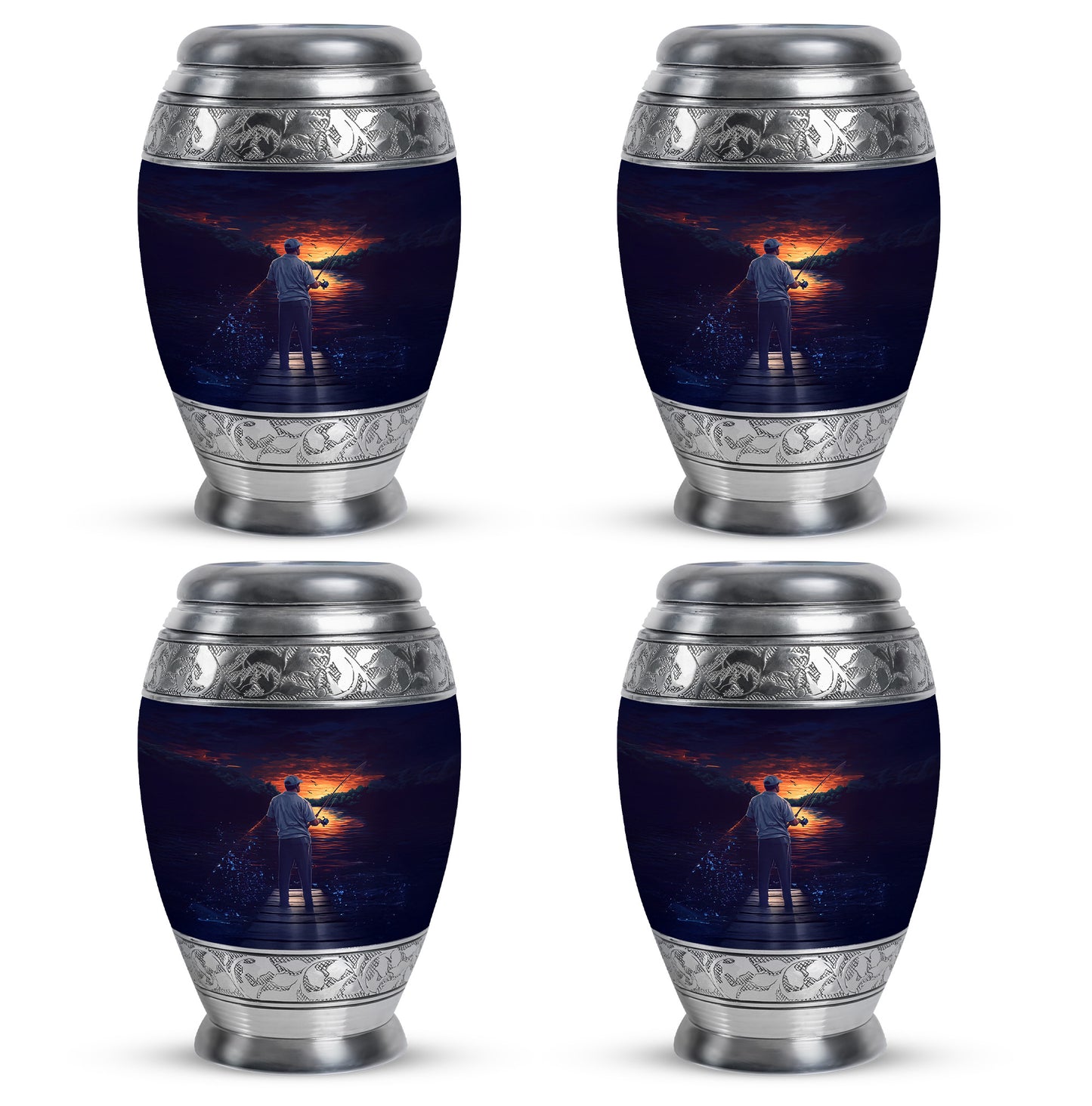 Dusty Blue Fishing Cremation Urn urn with complimentary velvet bag - ornate monarch-style fishing relief on brushed aluminum - 10 inch aluminum urn for cremated remains