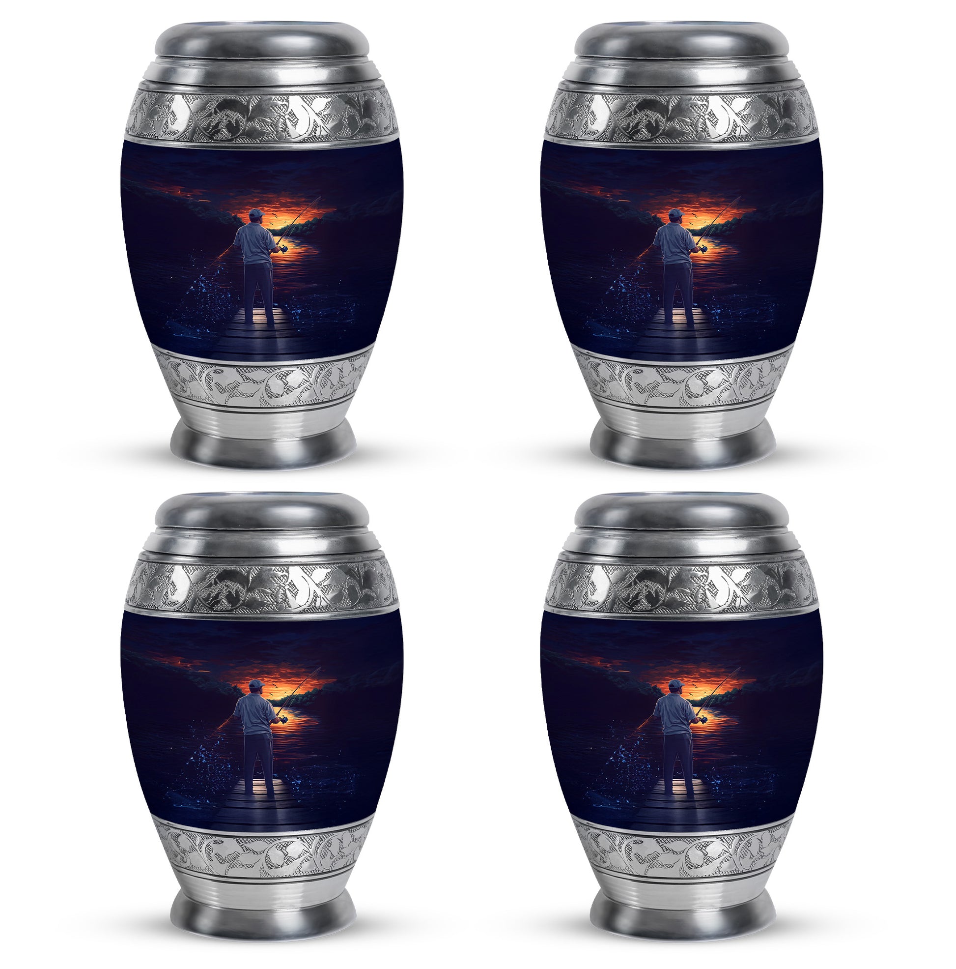 Dusty Blue Fishing Cremation Urn urn with complimentary velvet bag - ornate monarch-style fishing relief on brushed aluminum - 10 inch aluminum urn for cremated remains