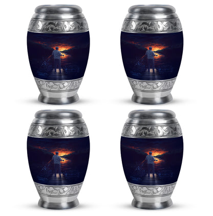 Dusty Blue Fishing Cremation Urn urn with complimentary velvet bag - ornate monarch-style fishing relief on brushed aluminum - 10 inch aluminum urn for cremated remains