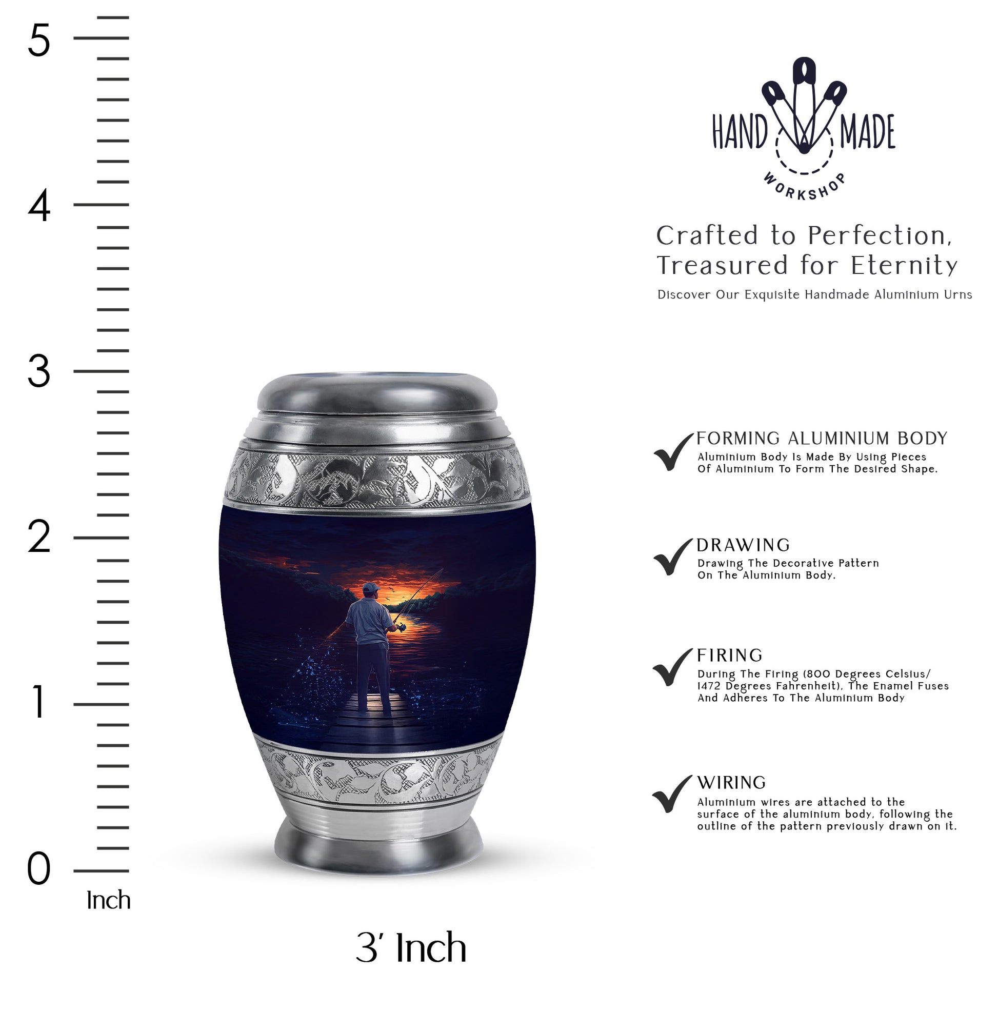 Pastel Blue Fishing Cremation Urn lifestyle display on memorial shelf - regal fishing design with crown-inspired accents - mini keepsake memorial for portion of cremation ashes