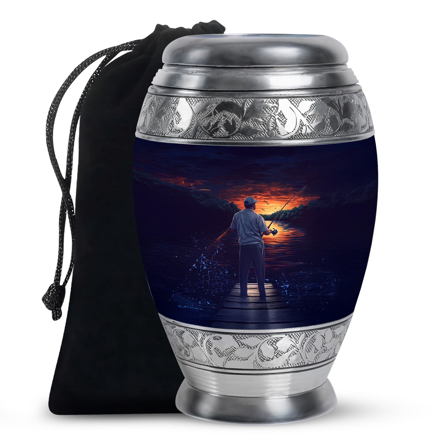 Soft Blue Fishing Cremation Urn back view with polished surface - majestic fishing pattern with filigree border - full-size 10 inch 200 cubic inch adult cremation urn