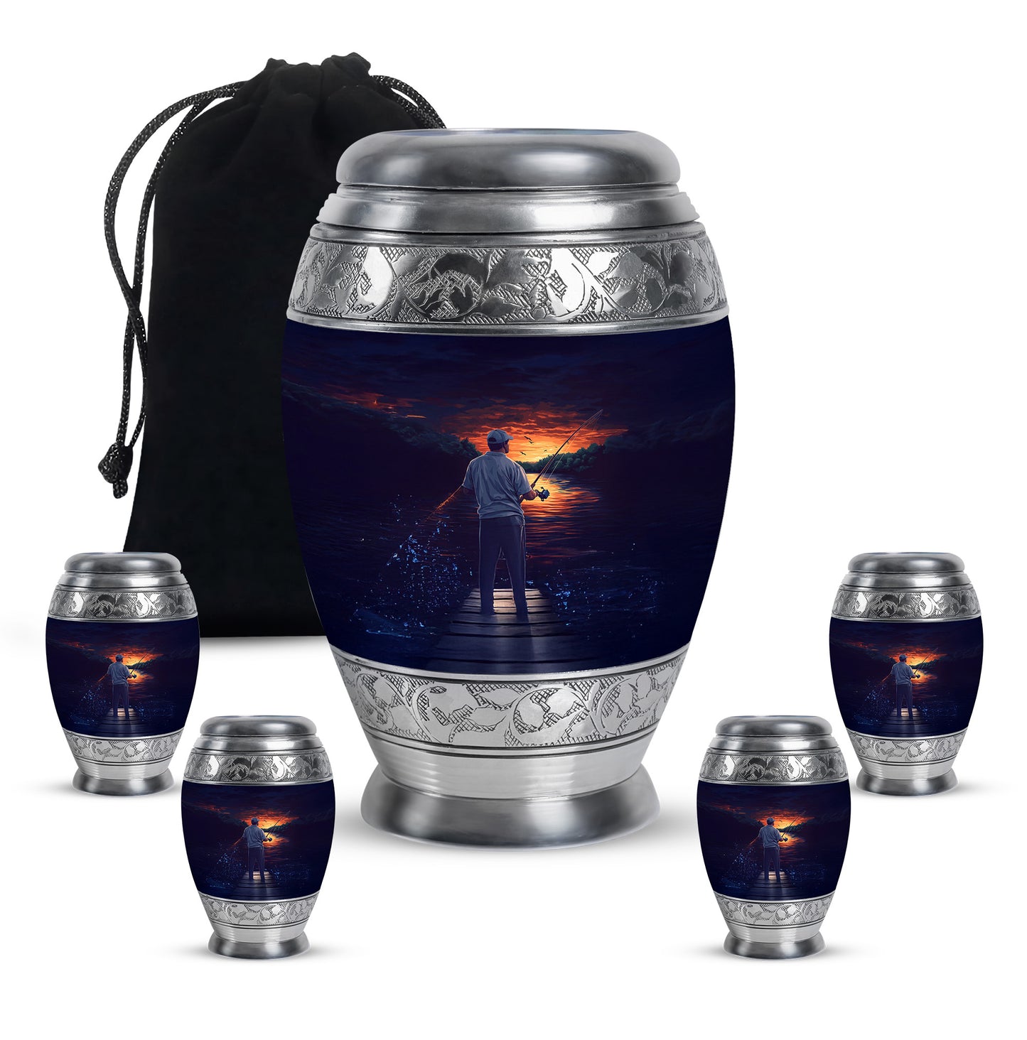 Steel Blue Fishing Cremation Urn detail view - majestic fishing pattern with filigree border - memorial set with one large and four small urns