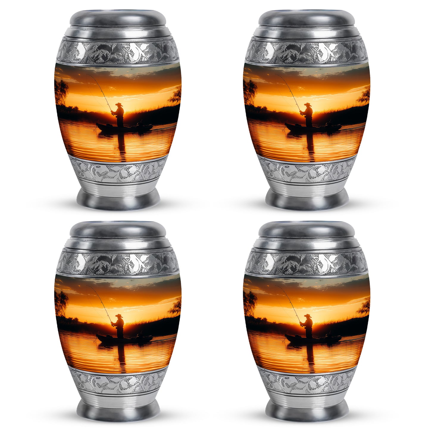 Harvest Gold Fishing Cremation Urn urn with complimentary velvet bag - royal fishing engraving with decorative scrollwork - 10 inch aluminum urn for cremated remains