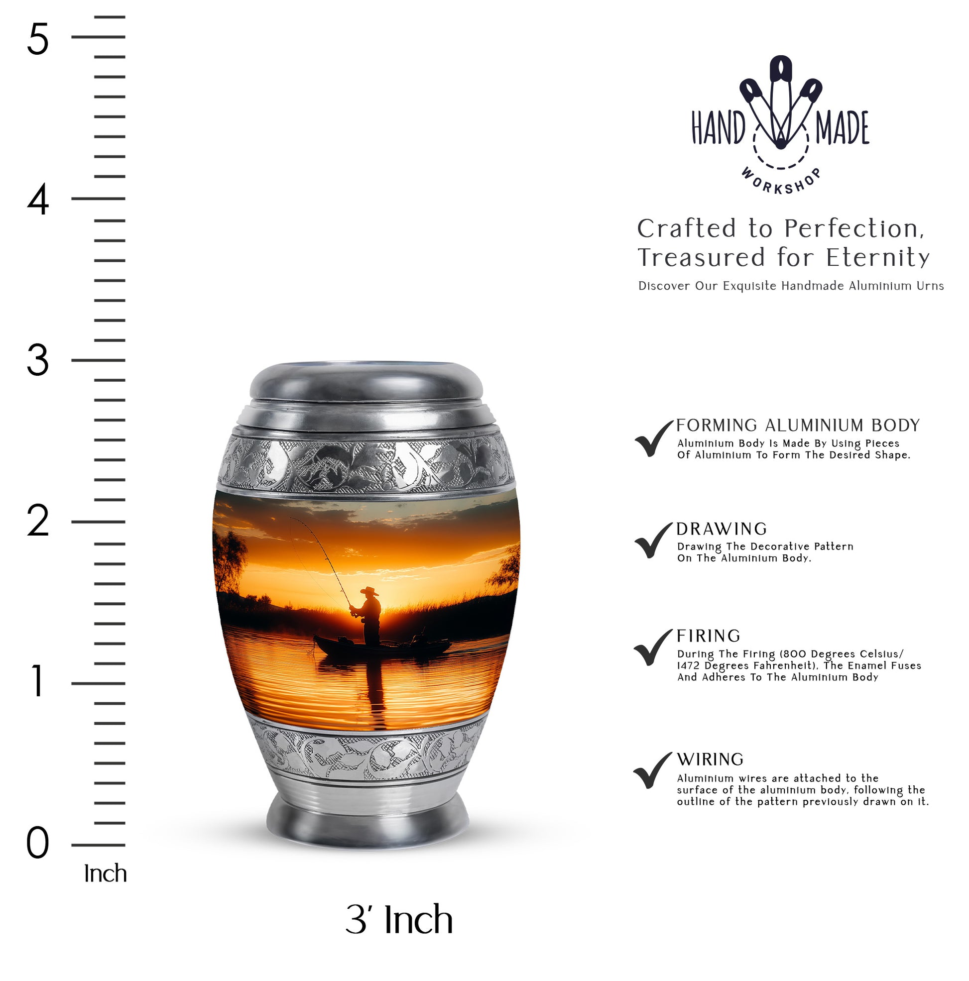 Sunrise Gold Fishing Cremation Urn lifestyle display on memorial shelf - regal fishing design with crown-inspired accents - mini keepsake memorial for portion of cremation ashes