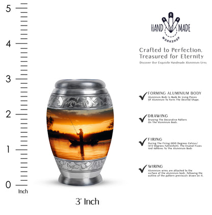 Sunrise Gold Fishing Cremation Urn lifestyle display on memorial shelf - regal fishing design with crown-inspired accents - mini keepsake memorial for portion of cremation ashes