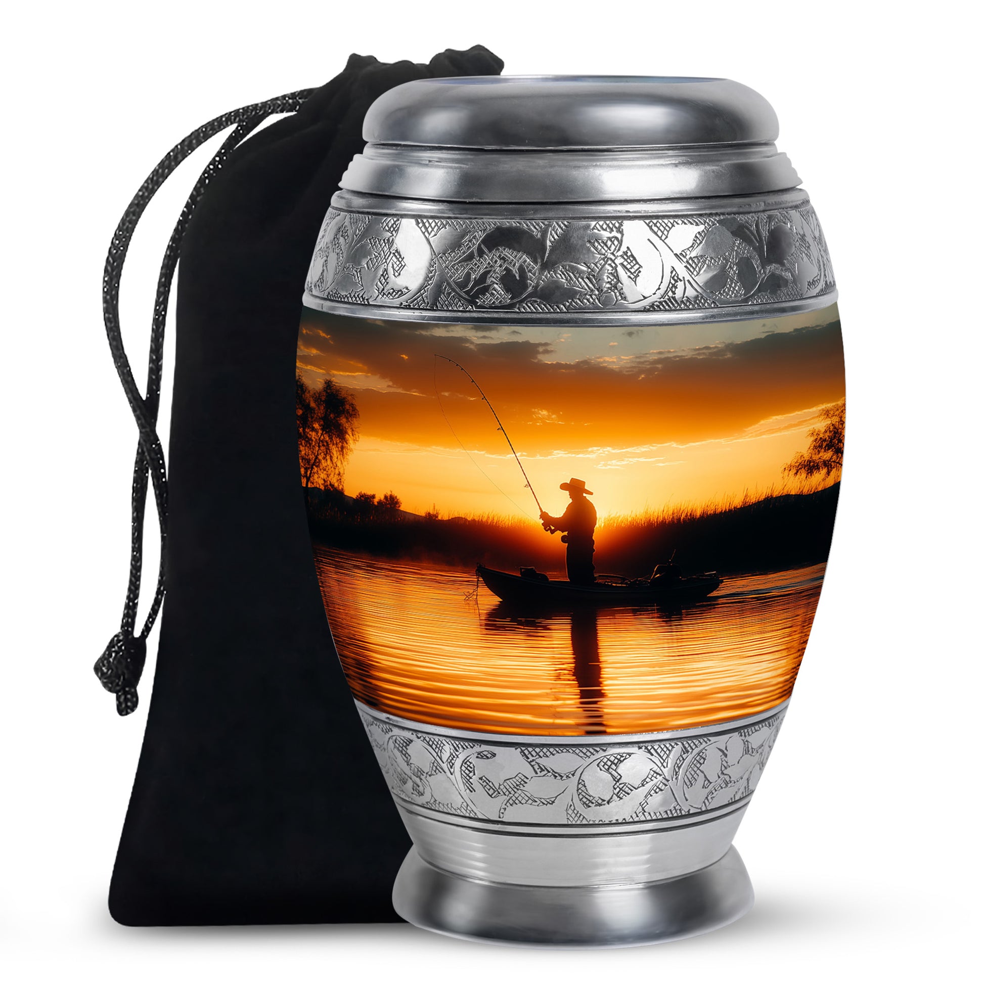 Royal Gold Fishing Cremation Urn back view with polished surface - royal fishing engraving with decorative scrollwork - full-size 10 inch 200 cubic inch adult cremation urn