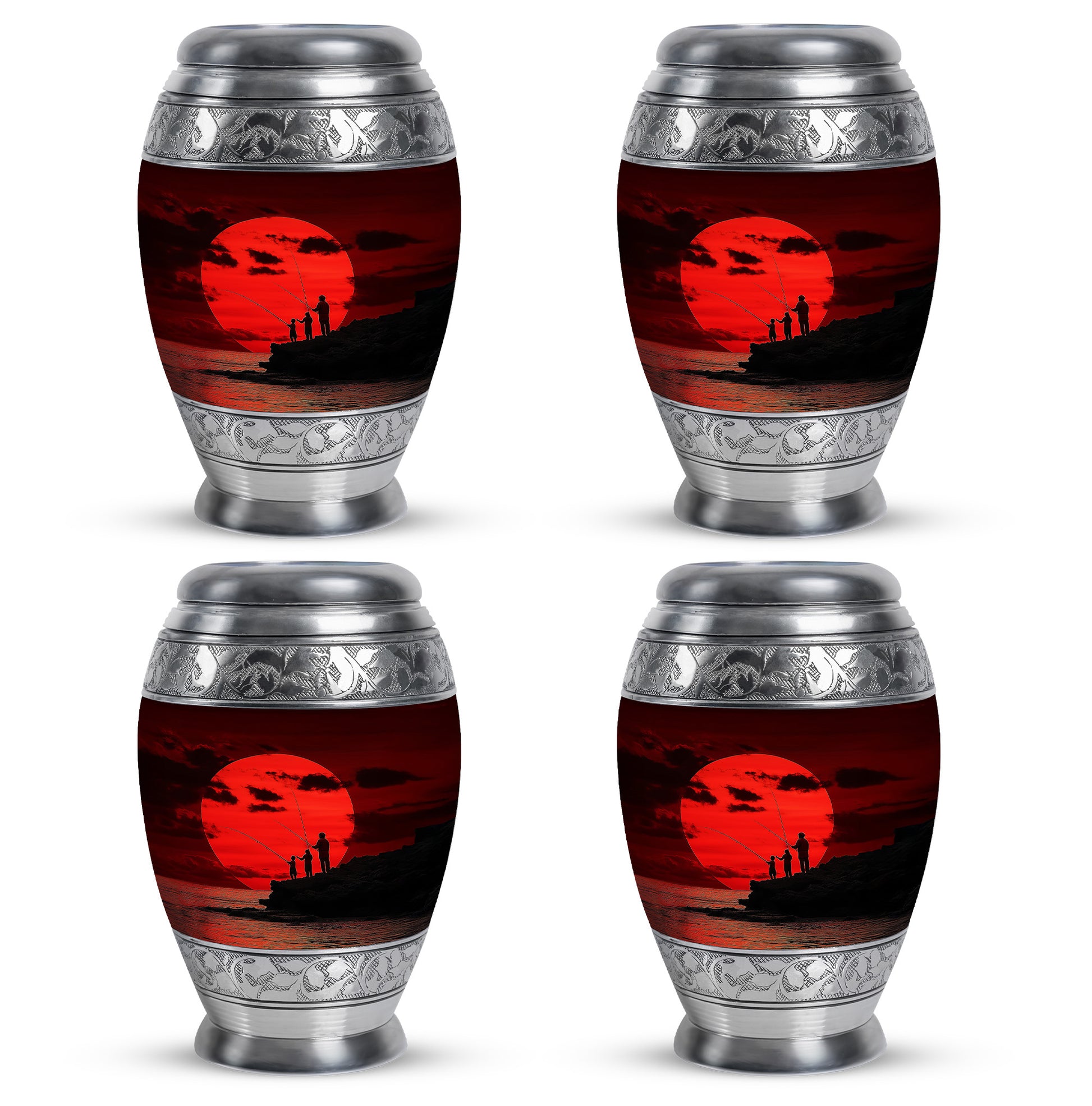 Cherry Red Fishing Cremation Urn urn with complimentary velvet bag - royal fishing engraving with decorative scrollwork - 10 inch aluminum urn for cremated remains