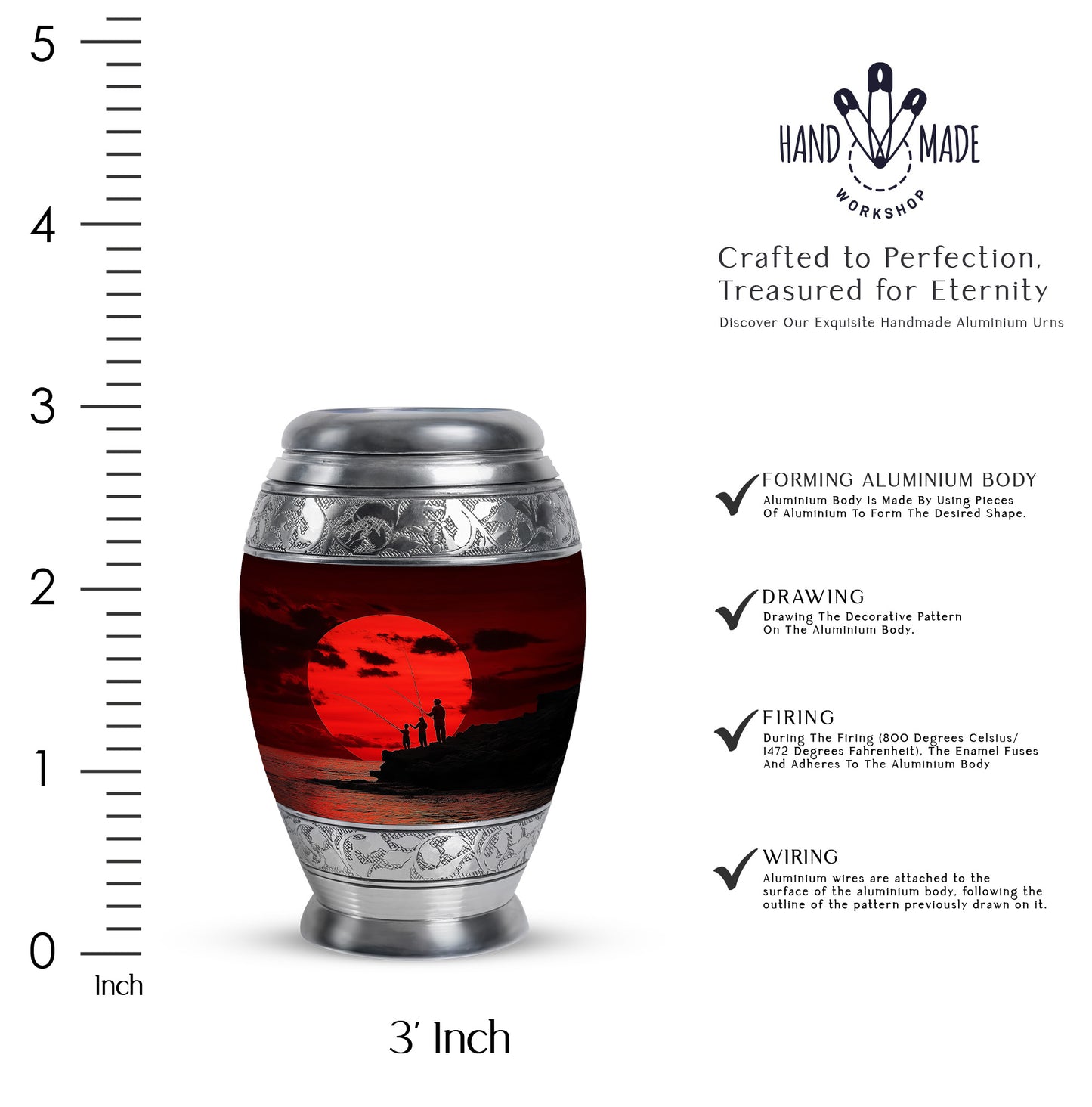 Rich Red Fishing Cremation Urn lifestyle display on memorial shelf - royal fishing engraving with decorative scrollwork - mini keepsake memorial for portion of cremation ashes