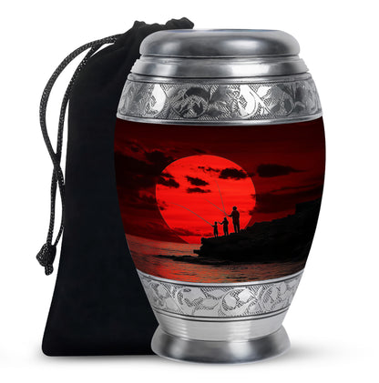 Deep Red Fishing Cremation Urn back view with polished surface - ornate monarch-style fishing relief on brushed aluminum - full-size 10 inch 200 cubic inch adult cremation urn