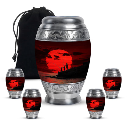 Crimson Red Fishing Cremation Urn detail view - ornate monarch-style fishing relief on brushed aluminum - memorial set with one large and four small urns