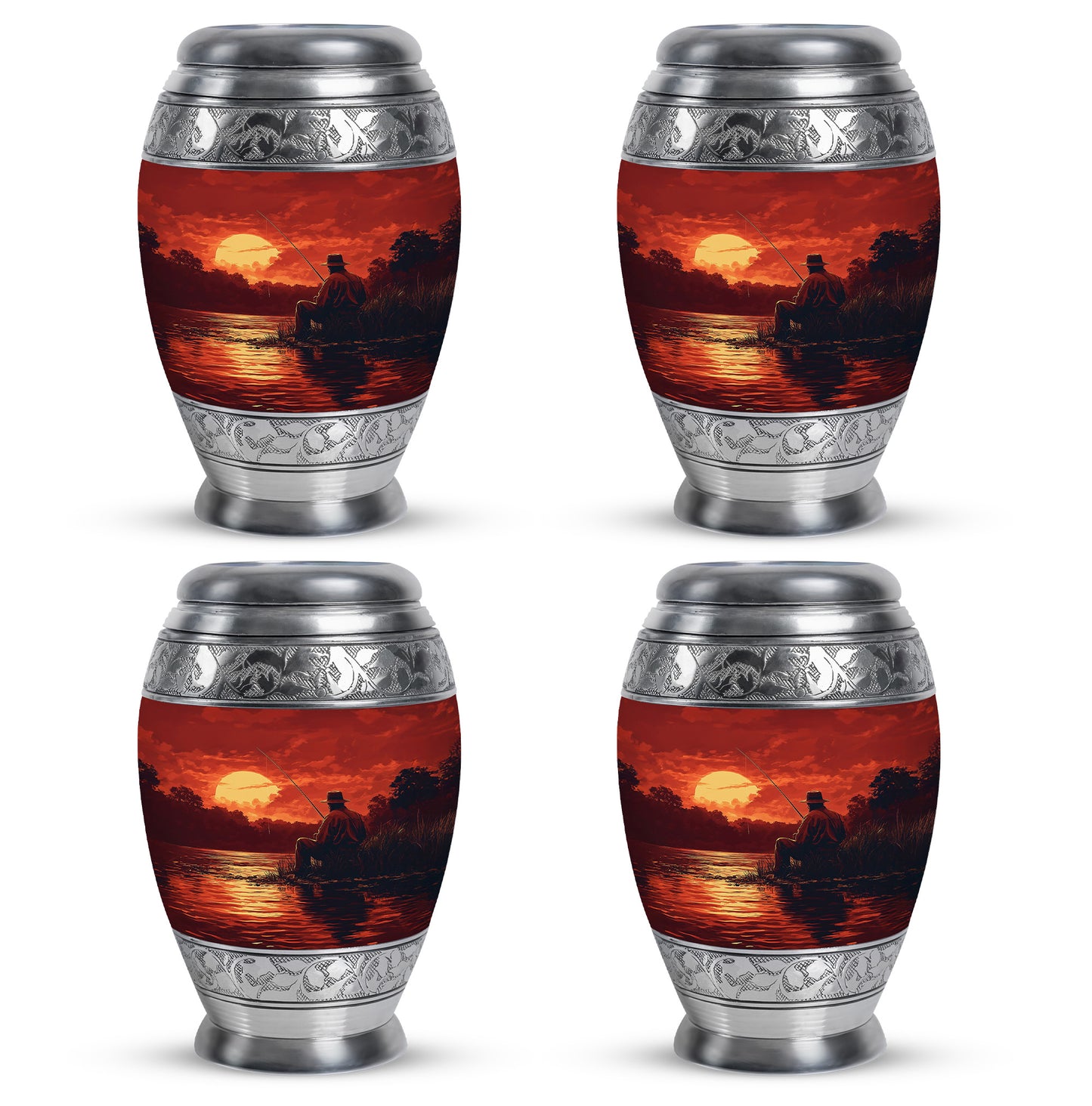 Garnet Red Fishing Cremation Urn urn with complimentary velvet bag - regal fishing design with crown-inspired accents - 10 inch aluminum urn for cremated remains