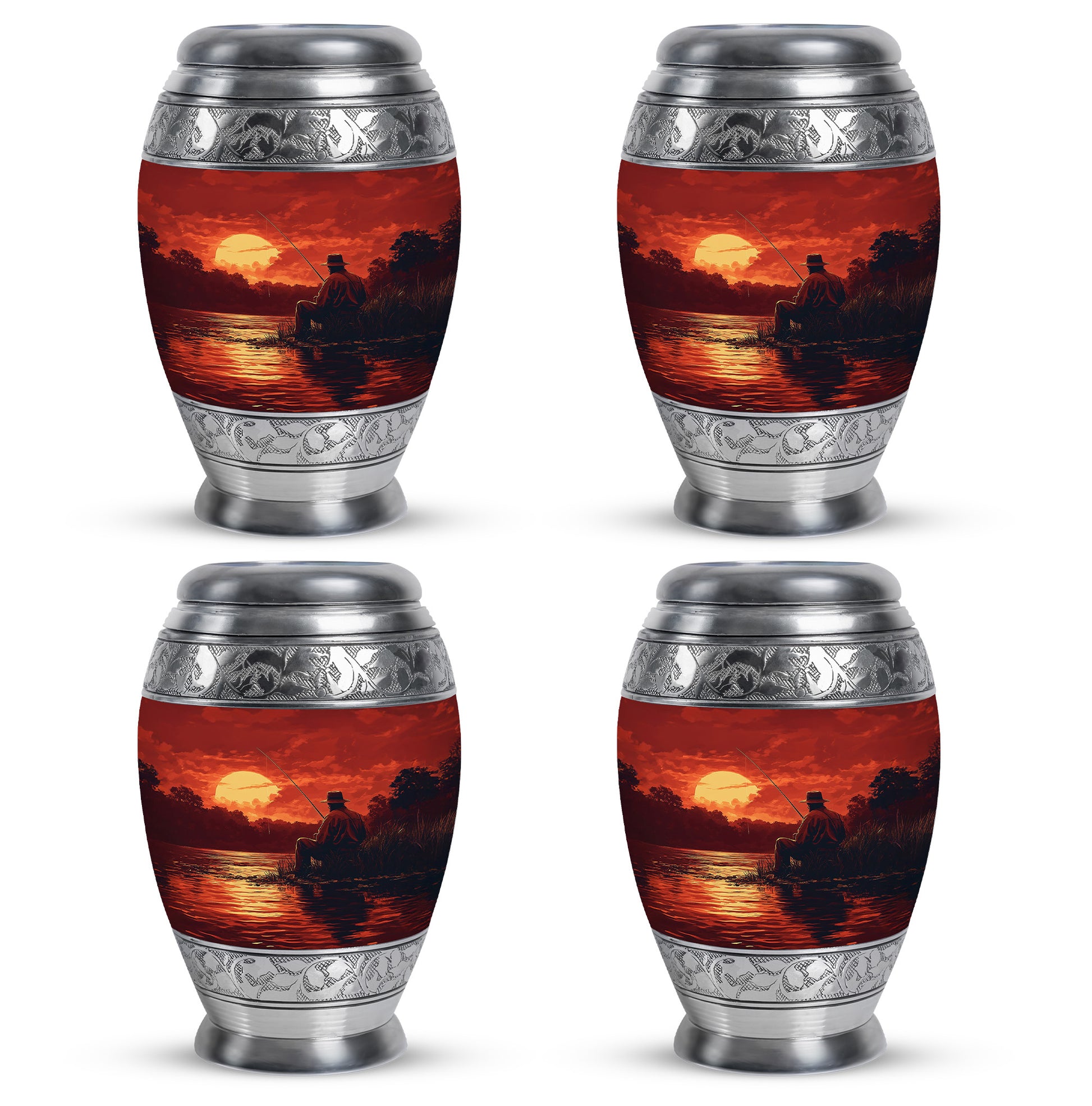 Garnet Red Fishing Cremation Urn urn with complimentary velvet bag - regal fishing design with crown-inspired accents - 10 inch aluminum urn for cremated remains