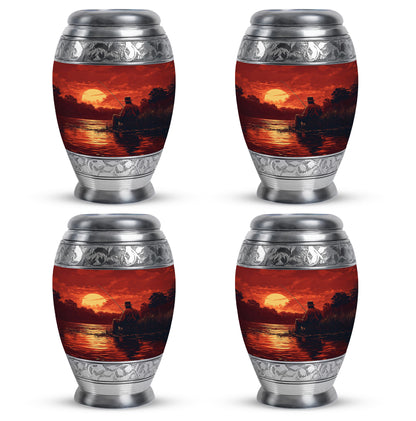 Garnet Red Fishing Cremation Urn urn with complimentary velvet bag - regal fishing design with crown-inspired accents - 10 inch aluminum urn for cremated remains