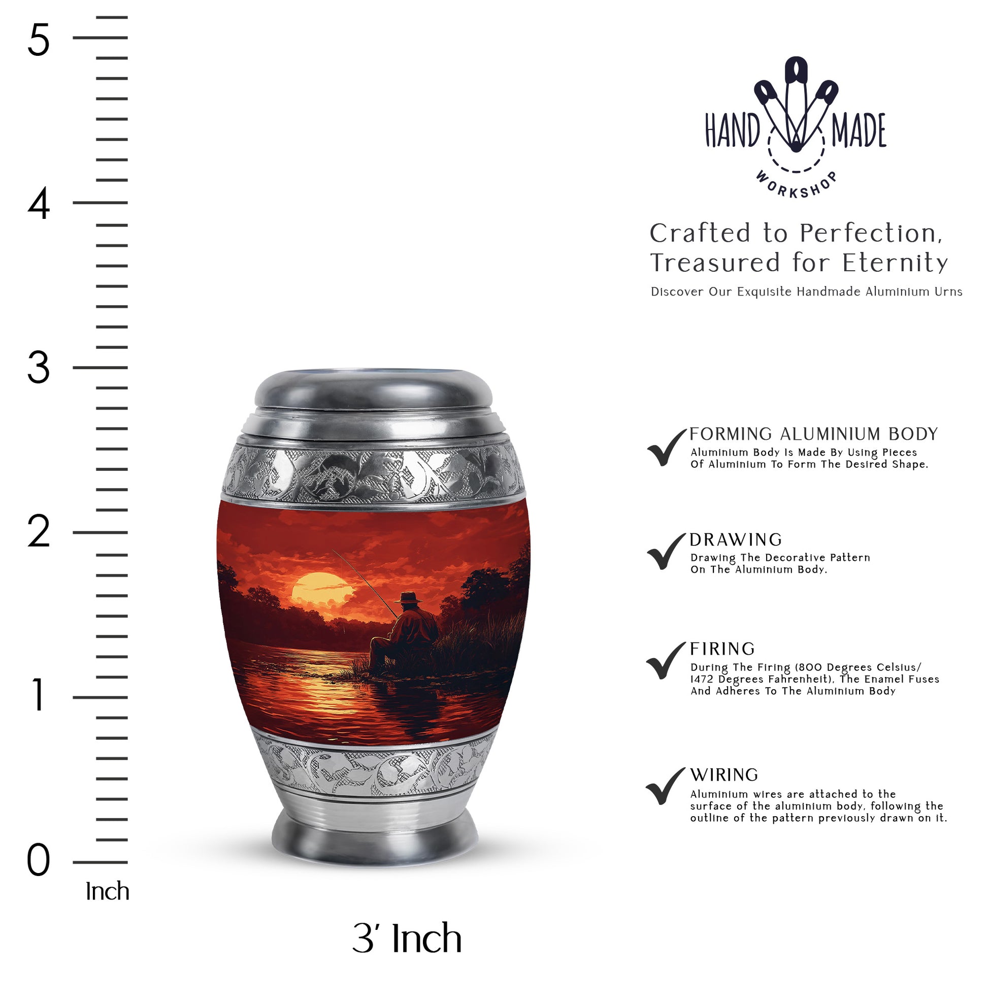 Deep Red Fishing Cremation Urn lifestyle display on memorial shelf - regal fishing design with crown-inspired accents - mini keepsake memorial for portion of cremation ashes