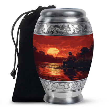 Garnet Red Fishing Cremation Urn back view with polished surface - regal fishing design with crown-inspired accents - full-size 10 inch 200 cubic inch adult cremation urn